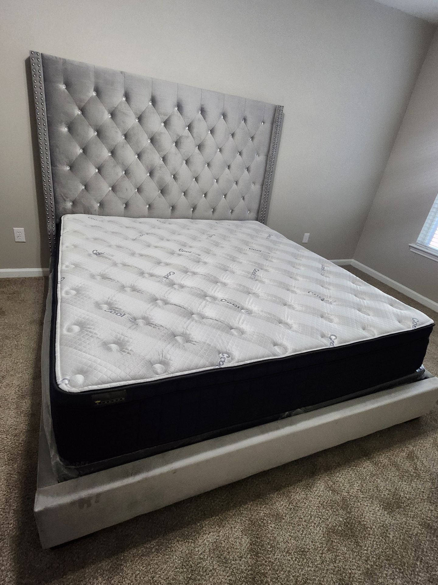 King bed frame gray silver velvet including mattress pillow top on sale for: