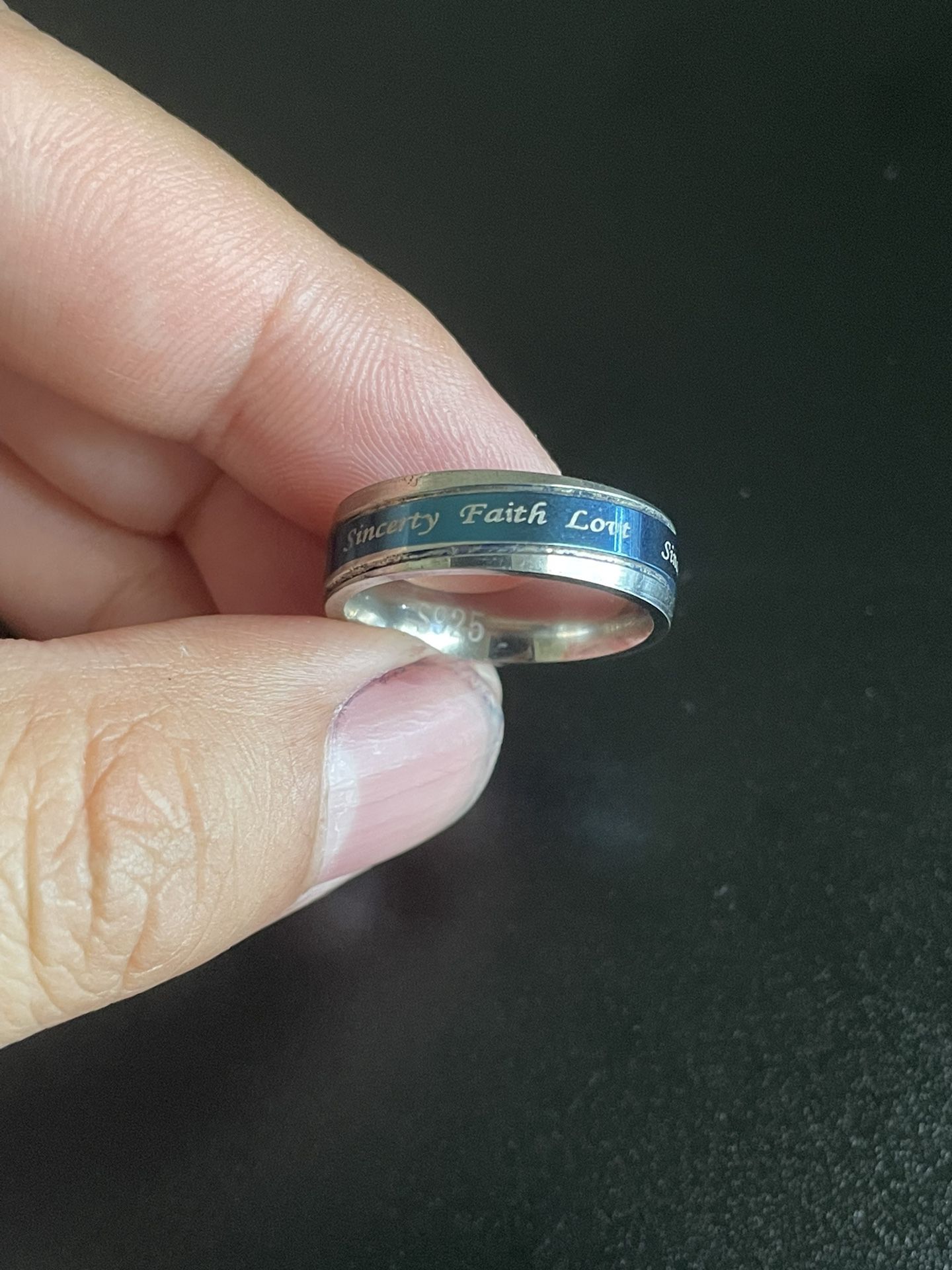 Blue & Silver Sincerity Faith Love Ring Size 8