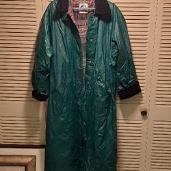 Misty Harbor All Weather Slicker Heavy Rain Coat, Green W/Black Velvet Collar & Sleeves Plaid Inside Size 2X