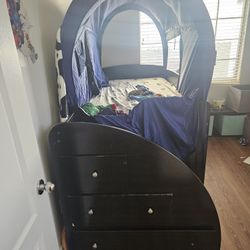 Children Bunk Bed With Matresses And Blue Canopy 