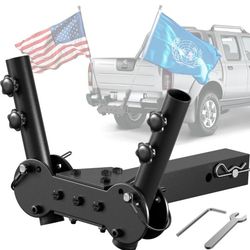 Adjustable Angle Double Hitch Mount Flagpole Holder | All Metal Durable , Fits Standard 2" Trailer Hitch, Compatible with Pickup, Truck, SUV, RV, Jeep