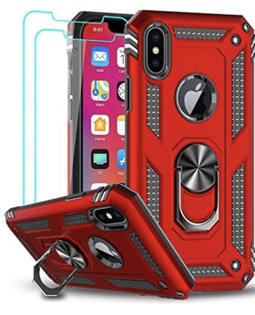 New iPhone X/XS Military Grade Case, w Free Tempered Glass Screen Protector [2Pack] Ring Kickstand 