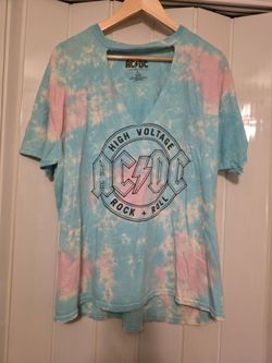 AC/DC High Voltage Tie-Dye V-Neck Tee in Light Blue & Pink