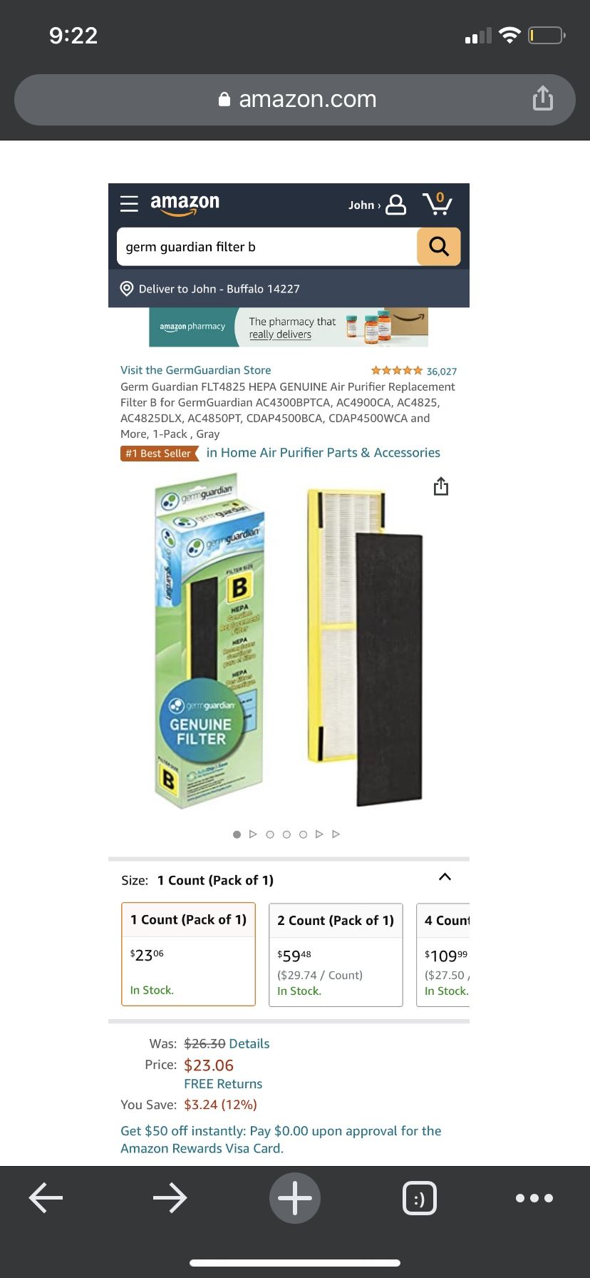 Brand New Germ Guardian Filter Replacement Filter Size B