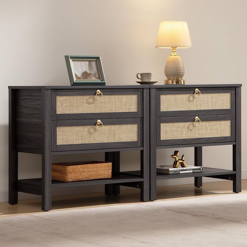 Set of 2, Large Nightstand with Drawers and Storage Shelf - Rattan Boho Bedside Table Narrow Side Table for Bedroom