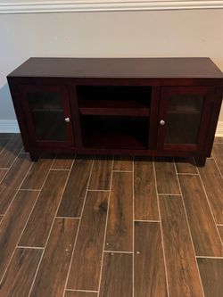 Dark Cherry Wood TV Stand with Glass Doors