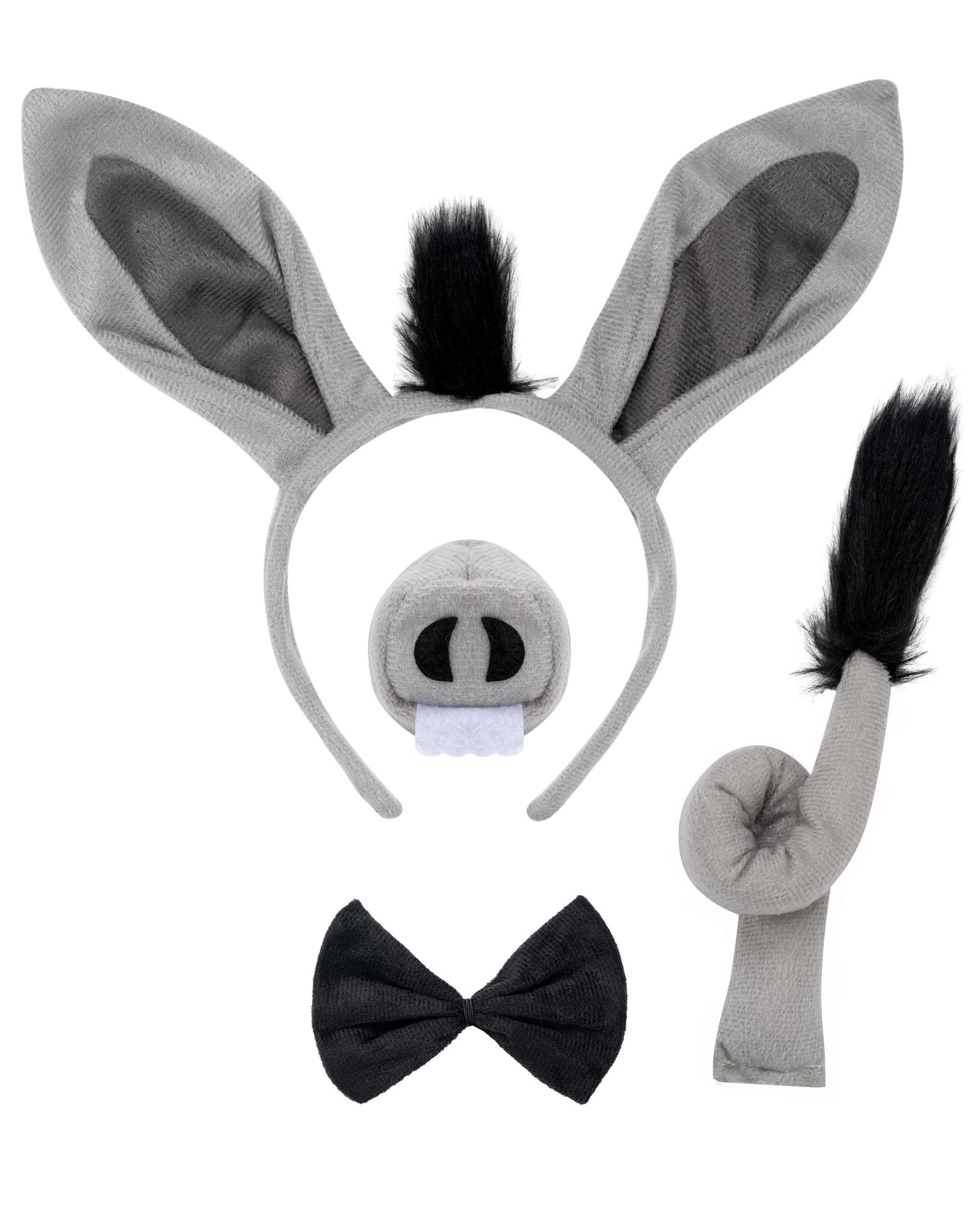 4 Pack Donkey Costume Set Donkey Ears Headband Nose Tail Bowtie Animal Headwear Adult Halloween Party Cosplay Accessories