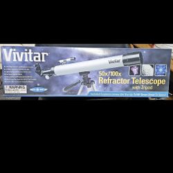 NEW Vivitar Refractor Telescope 50x100 W/Tripod Ages 8+ Stars, Moon, Mars. East or west