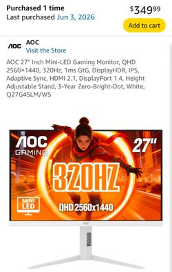 320Hz AOC 27" Inch Mini-LED Gaming Monitor