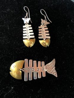 Sterling Silver & Brass Fish Bone Pin/Brooch and Earrings
