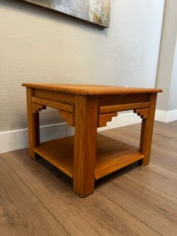 Vintage Mission Style Two Tier Solid Wood Side Table w/ Drawer & Storage Shelf