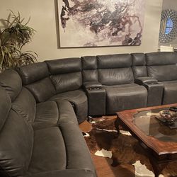 Gray Leather Electric Powered Reclining Sectional 