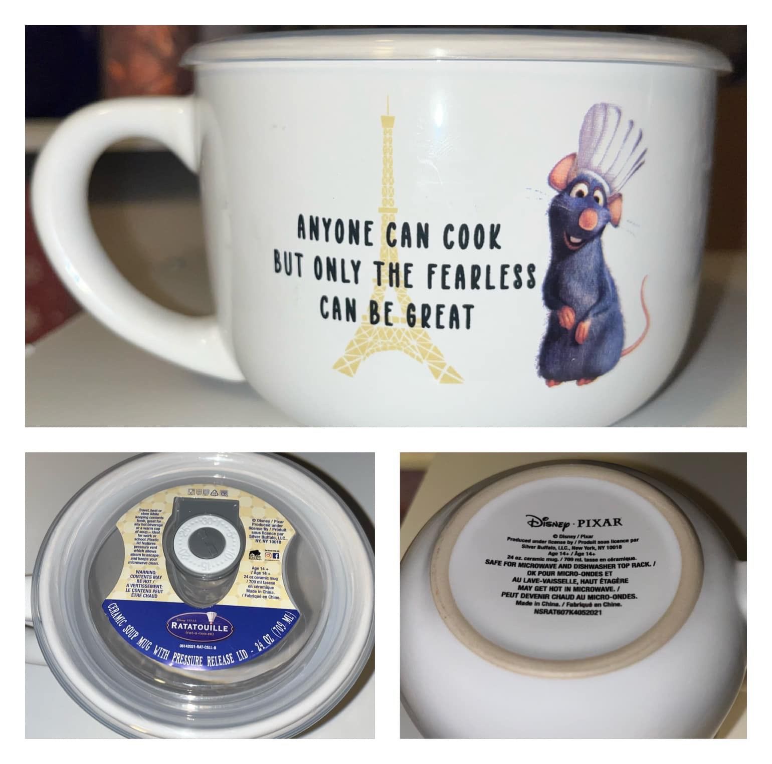 DISNEY/PIXAR Ratatouille “Anyone Can Cook” CERAMIC SOUP MUG with Pressure Release Lid (NEW)