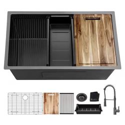 32 in. Undermount Single Bowl 18 Gauge Gunmetal Black Stainless Steel Workstation Kitchen Sink with Spring Faucet