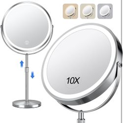 8" Lighted Makeup Vanity Mirror, 3 Color Lights & Brightness Adjustment, 1X/10X Magnifying Rechargeable Double Sided Cosmetic Mirror, 360° Swivel Ligh