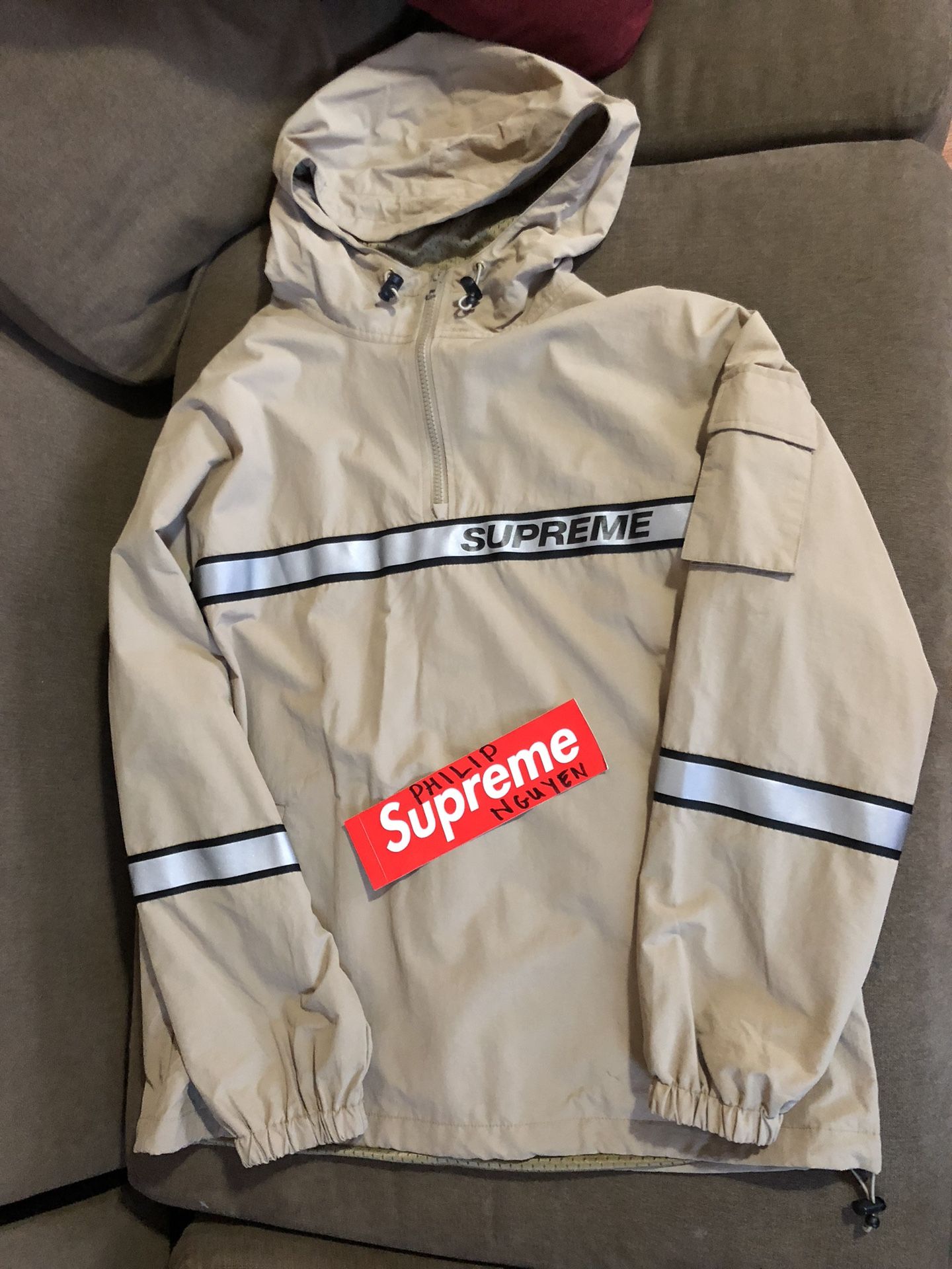 SS2018 Supreme Reflective Logo Taping Tape Hooded Pullover Tan