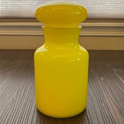Vtg Lemon Yellow Blown Glass Apothecary Candy Jar MCM 9" Tall Bubble Lid Stopper