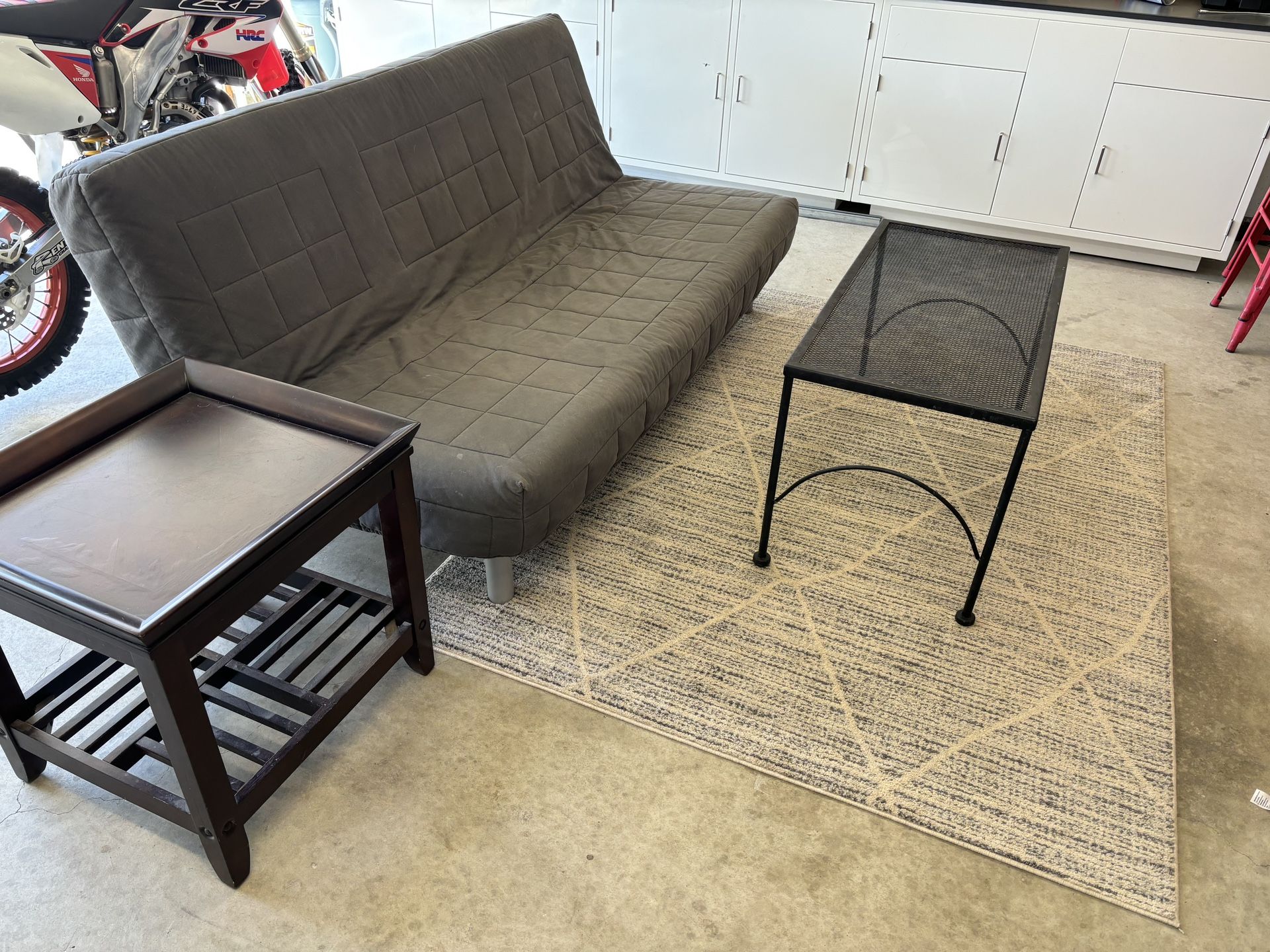 Futon + Side Table + Wire Coffee Table