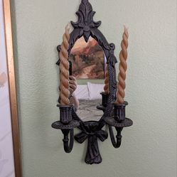 Vintage Cast Metal Wall Sconce w/ Mirror Candle Holder 2 Arms