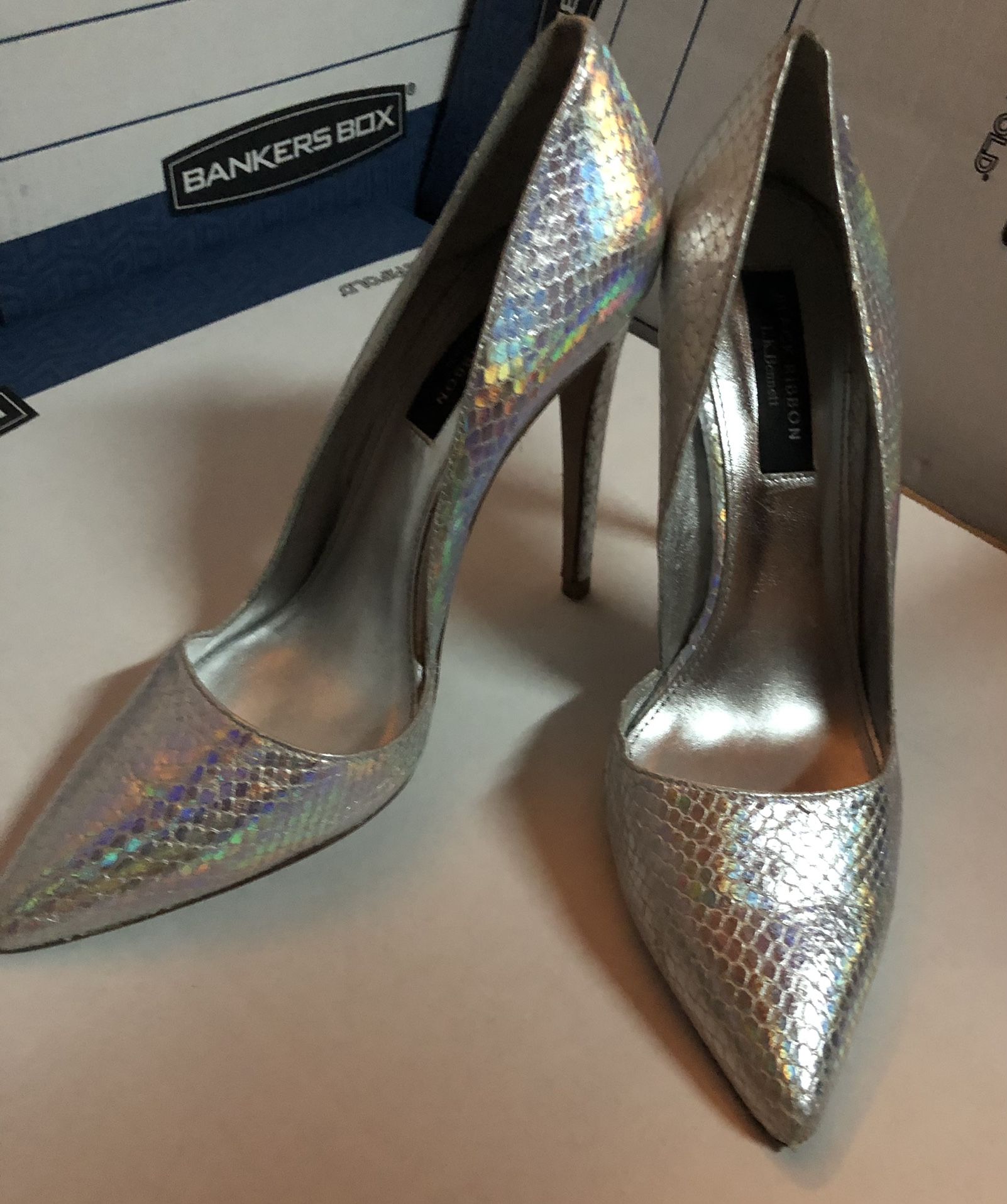 LK Bennett Black Ribbon Silver Heels