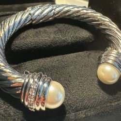 Silver Bangle Bracelet Cuff with Pearl-like stone and Diamond-like detail