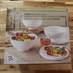 Over and Back 6-piece Bowl & Lid/plate Set Stackable White Stoneware Salad Soup