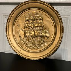 Vintage Brass Sailing Ship Wall Plaque