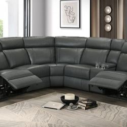 Brand New Grey Top Grain Leather Power Reclining Sectional Sofa 