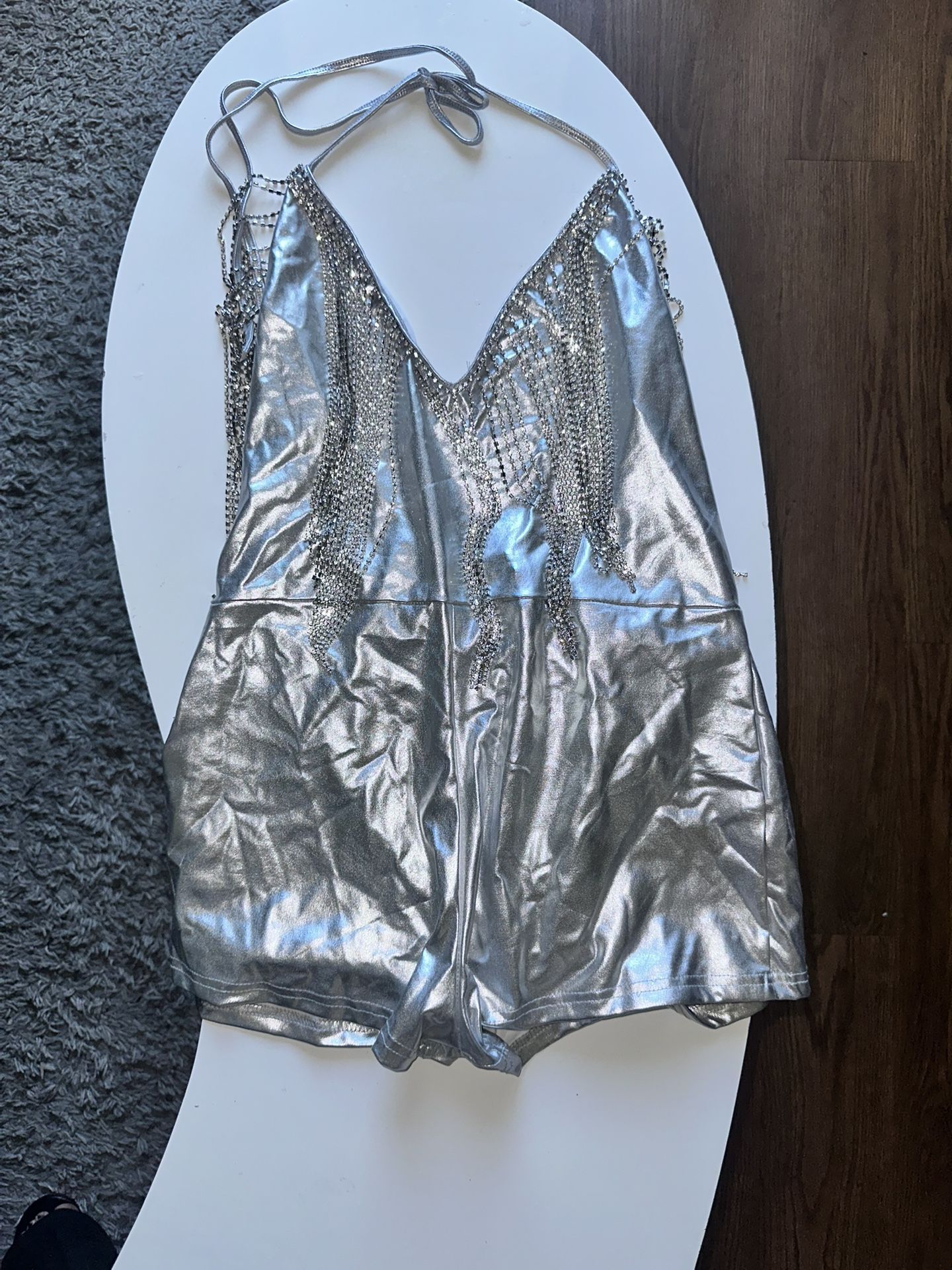 Rave Silver Rhinestone Fringe Bodysuit 🩶✨