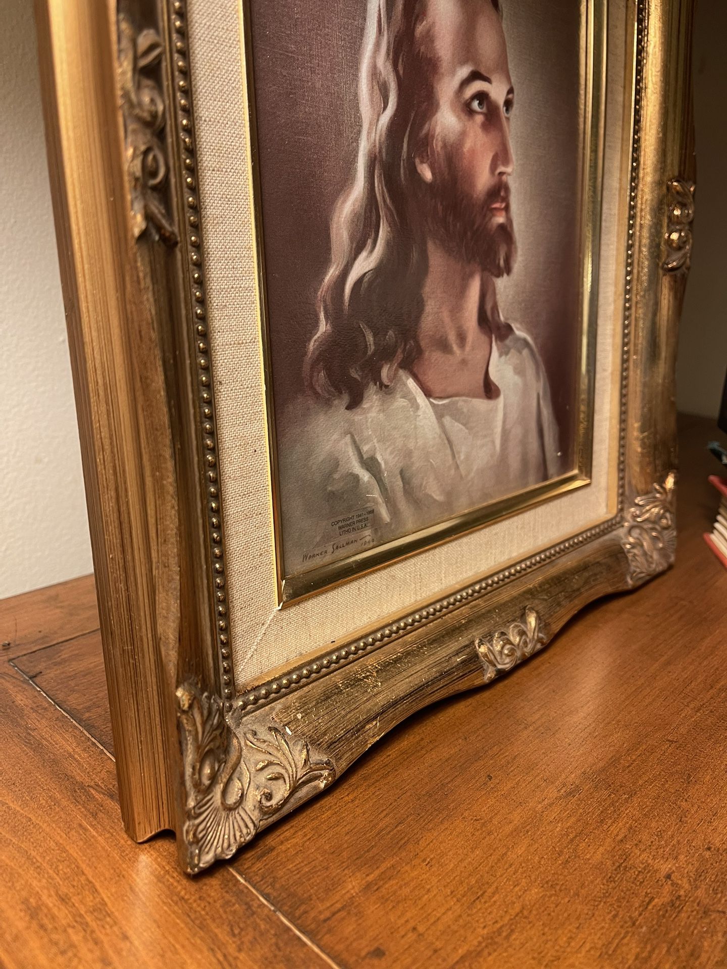 Vintage Jesus Litho Print W.E. Sallman Head Of Christ 1941 Gold Tone Framed