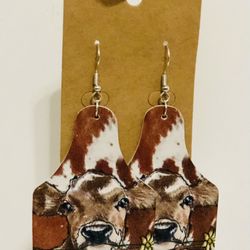 NEW Western Cowgirl Boho Cow Theme Faux Leather Dangle Earrings