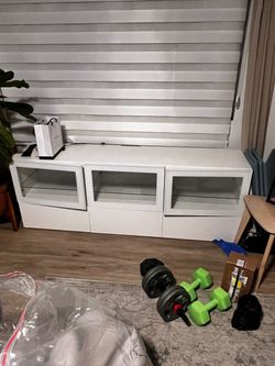 White TV Stand with Glass Door Cabinets