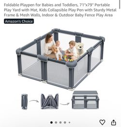 Foldable Playpen for Babies and Toddlers, 71"x79" Portable Play Yard with Mat, Kids Collapsible Play Pen with Sturdy Metal Frame & Mesh Walls, Indoor