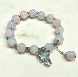 Elegant Pastel Beaded Bracelet with Butterfly Charm White Pink Women Fashion