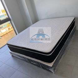 Queen mattress pillow top set with box spring (2pc - new) 