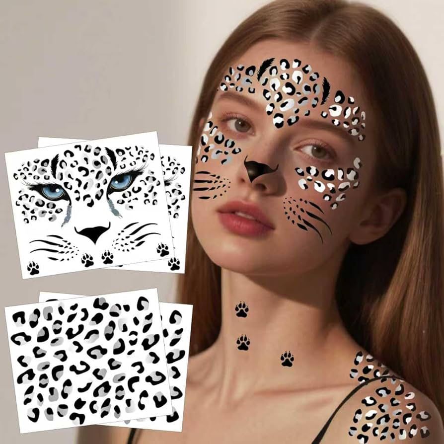Glitter Snow Leopard Print Temporary Face Tattoos - Halloween 