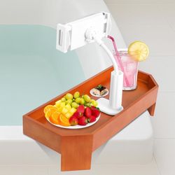 2 Pack - Wooden Bathtub Tray with Tablet Holder