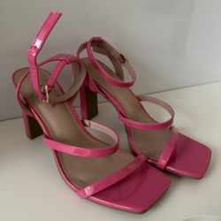 Hot Pink Strappy Heels With Square Toe 