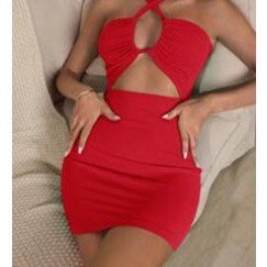 Red Halterneck Tied Backless Cut-Out Dress 