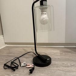 Simple Designs LD1066-BLK-LB Industrial Vintage Bronson Iron Lantern Desk Table Lamp with USB Port and Glass Cylinder Shade for Office, Living Room, B