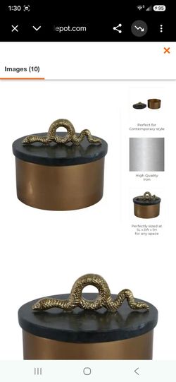 Heavy Green 5 in. X 5 in. Metal and Marble Round Decorative Box with Gold Snake Handle