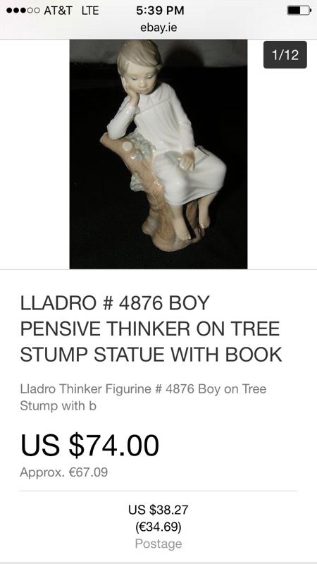 Lladro collectible boy on stump pensive thinker not glazed
