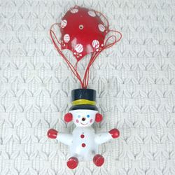 Vtg Wooden Hand Painted Snowman Holiday Christmas Hanging Ornament Parachute 