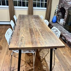 Solid Wood Dining Room Table By West Elm With 6 White Chairs 