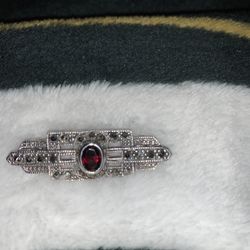 Vintage Sterling, Marcasite & Ruby Brooch