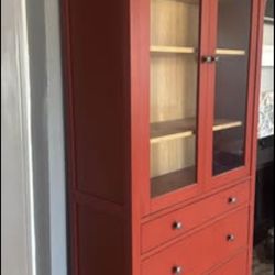 Ikea Hemnes Glass-door cabinet with 3 drawers, brown-red stain, 35 3/8x77 1/2 "