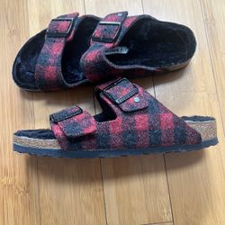 Birkenstock Shoes Fur Sandals Arizona Shearling Red Wool Plaid Size-41eu L10 M8