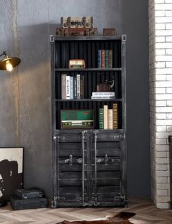 71.5 Tall Black Industrial and Modern Hargrave Bookcase, 3 Open Shelves, Double Lower Cabinets, Silver Rustic, made from Cold Rolled Steel Plate, Sea 