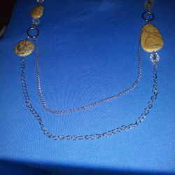Stylish Yellow Bead And Silver Chain Long Necklace (J14)