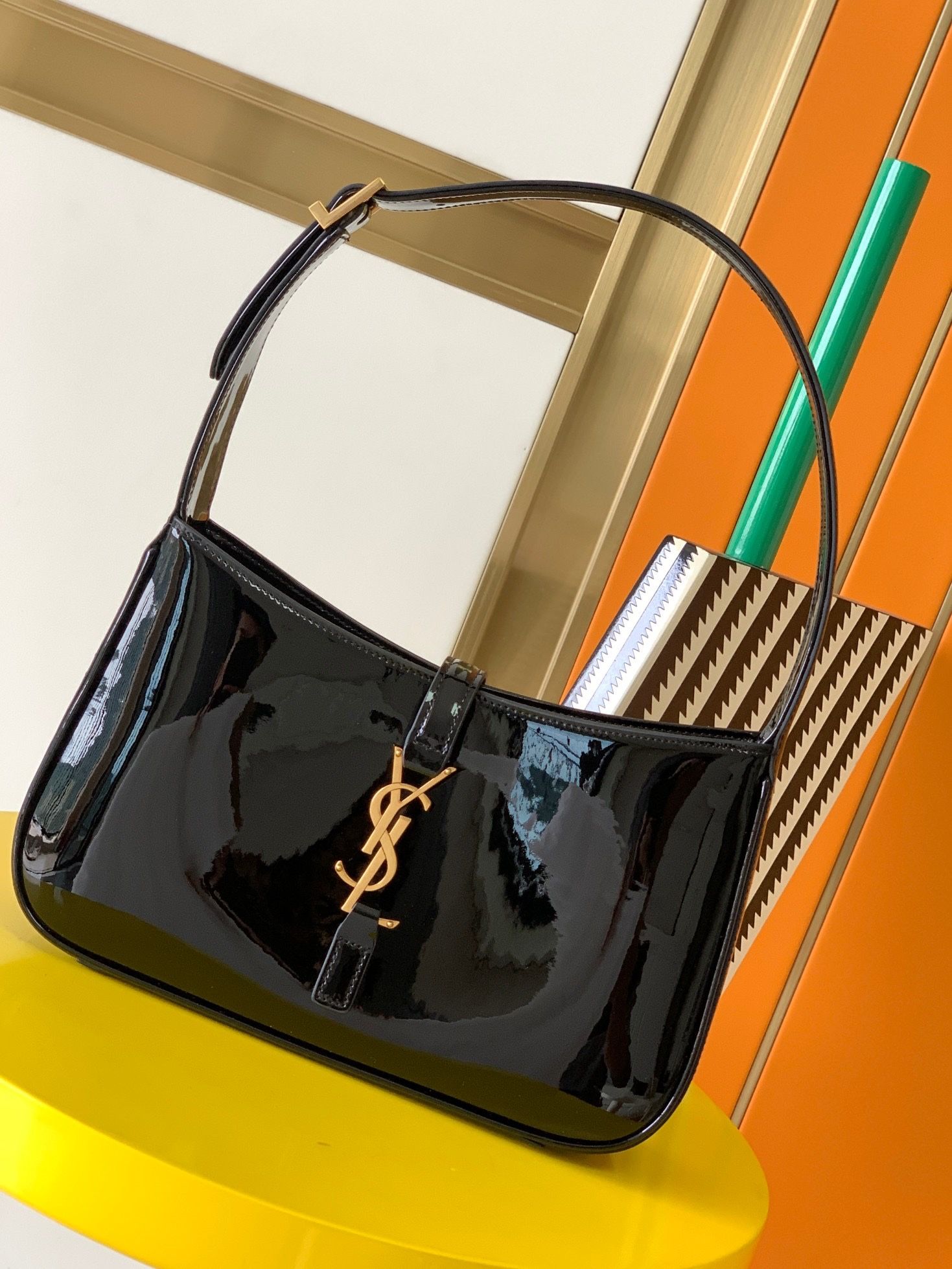 Black patent leather clutch